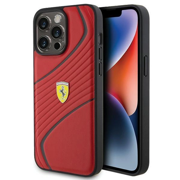 Kovové pouzdro s logem Ferrari Twist pro iPhone 15 Pro Max - červené
