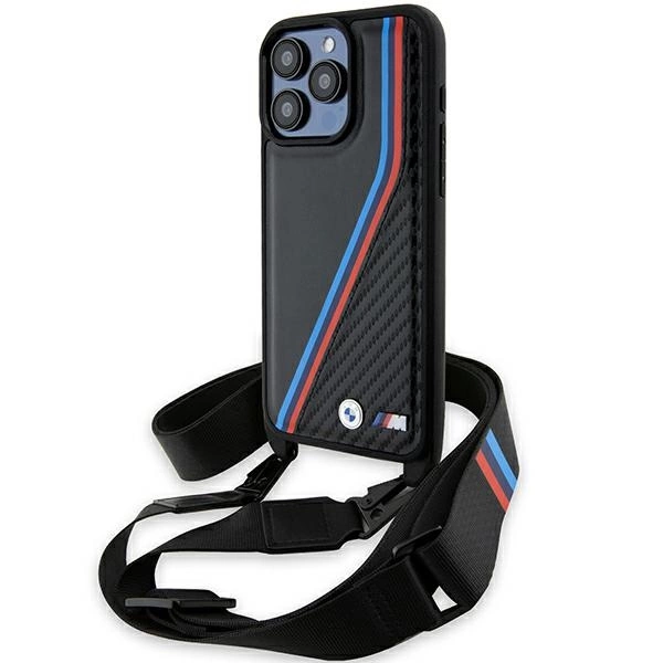 Pouzdro BMW M Edition Carbon Tricolor Lines & Strap pro iPhone 15 Pro - černé