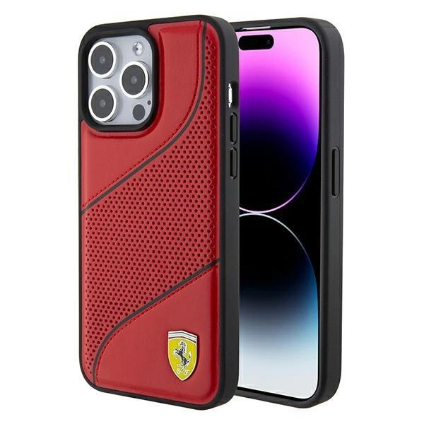 Perforované kovové pouzdro s logem Ferrari Waves pro iPhone 15 Pro - červené