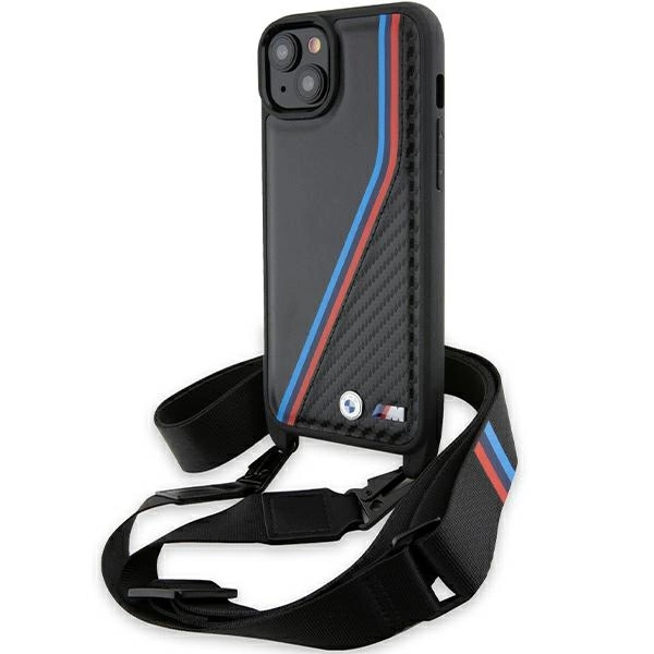 Pouzdro BMW M Edition Carbon Tricolor Lines & Strap pro iPhone 15 Plus / 14 Plus - černé