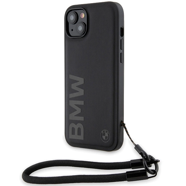 Kožené pouzdro BMW Signature Wordmark Cord pro iPhone 15 Plus / 14 Plus - černé