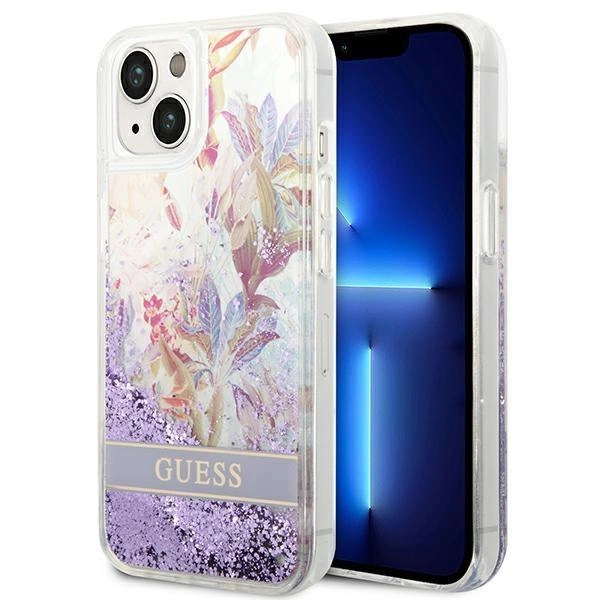 Guess Flower Liquid Glitter pouzdro pro iPhone 14 - fialové
