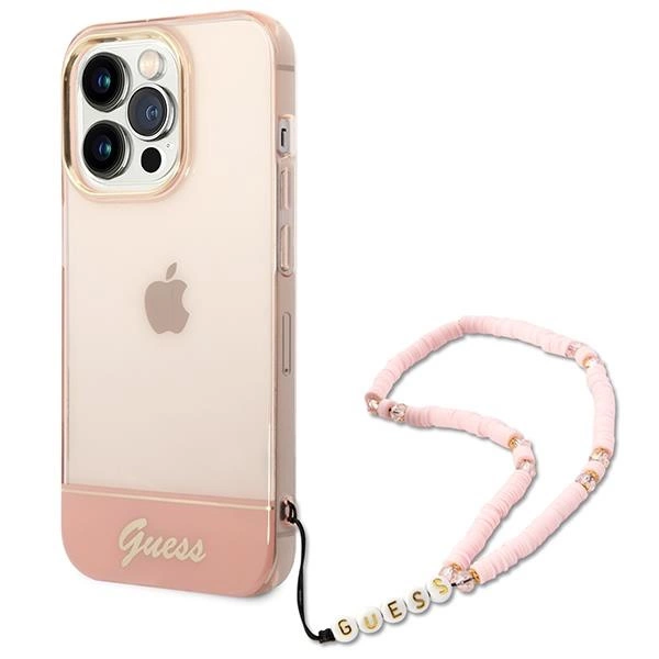 Průsvitné pouzdro Guess Pearl Strap pro iPhone 14 Pro Max - růžové